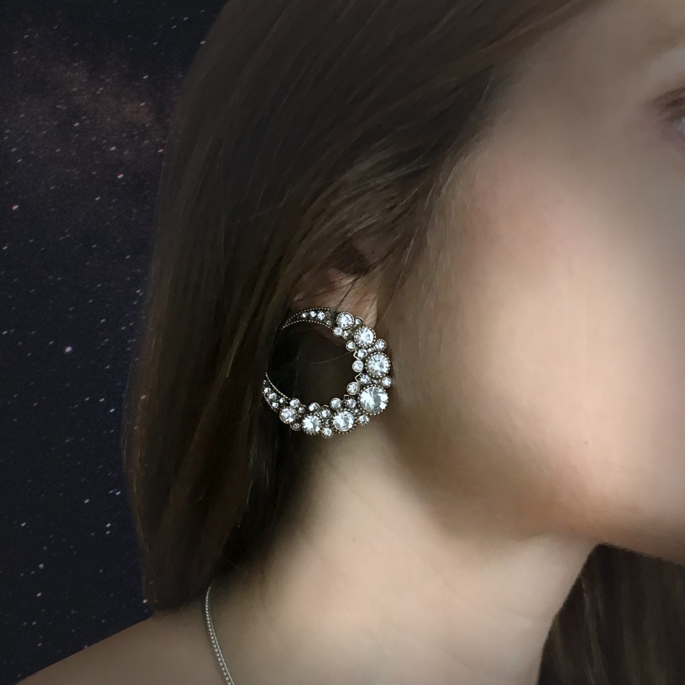 Crescent Moon Earrings Encrusted Rhinestones Large - Picture 3 of 8